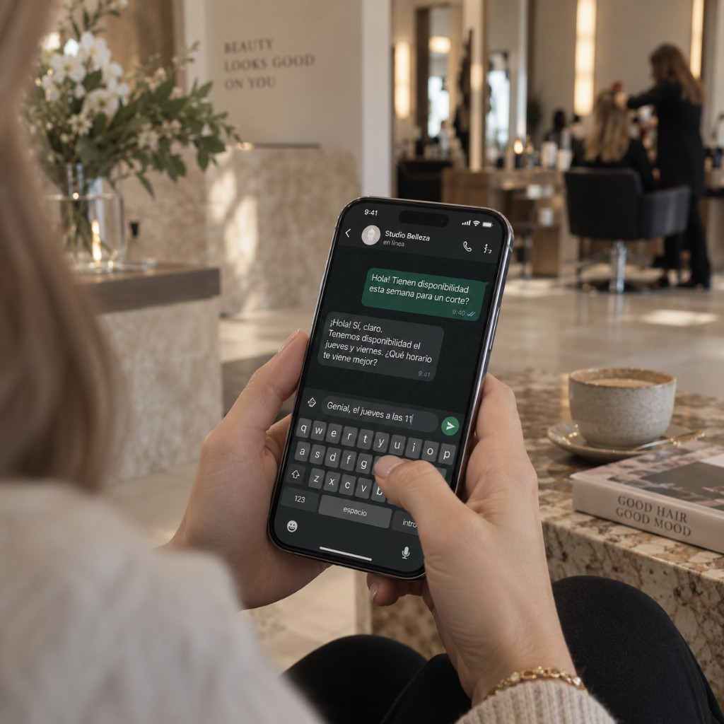 Cliente escribiendo por WhatsApp dentro de un salón